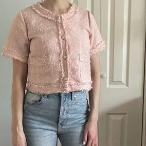 Top: Women's Classic Pink Tweed Button Down Vest with Pearl Buttons